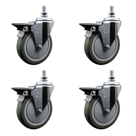 Service Caster 5 Inch Gray Polyurethane 12 Inch Threaded Stem Caster Set with Brake SCC-TS20S514-PPUB-PLB-121315-4